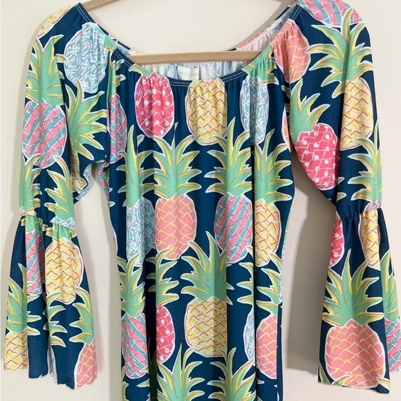 SIMPLY SOUTHERN Preppy Tropical Bell Sleeve Colorful Pineapple Mini Dress Size S - Picture 5 of 13